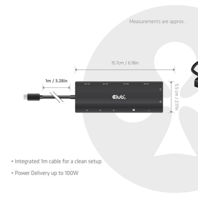 Club 3D CSV-2556 hub USB-C 12 em 1, 3x HDMI/3x USB-C/USB/LAN, 8K30Hz, PD 140W