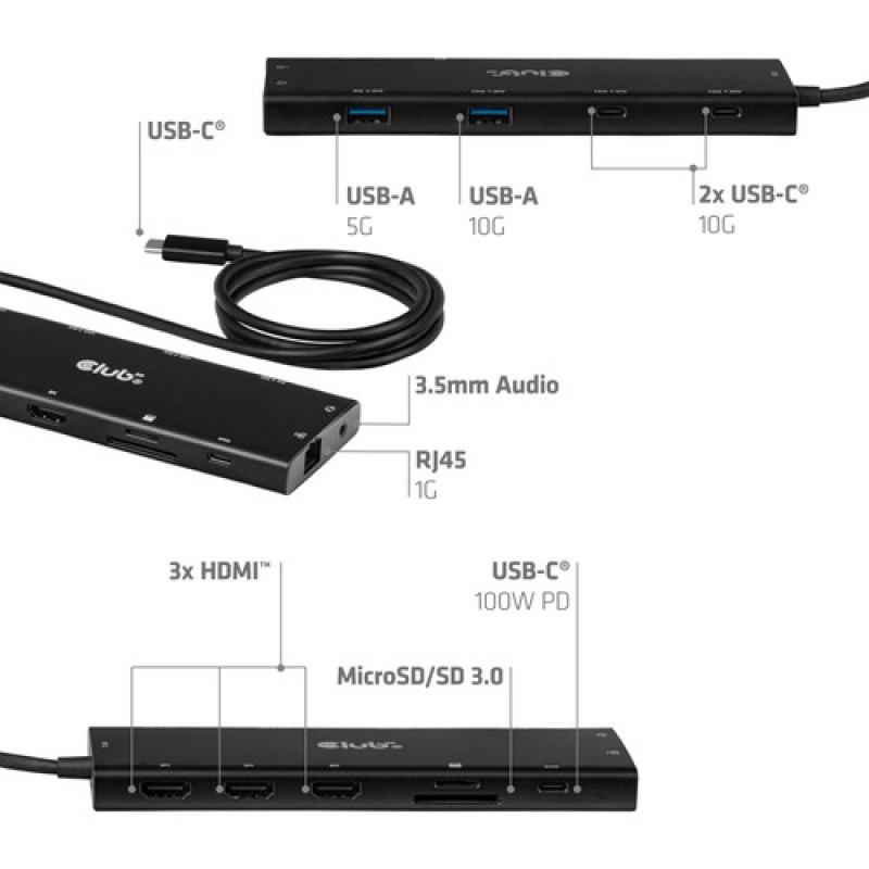 Club 3D CSV-2556 hub USB-C 12 em 1, 3x HDMI/3x USB-C/USB/LAN, 8K30Hz, PD 140W