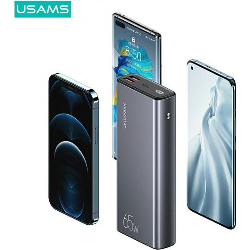 Power bank USAMS PB59 US-CD165 30000 mAh, 65 W, 2x QC3.0 + PD, preto, com cabo USB-C para USB-C