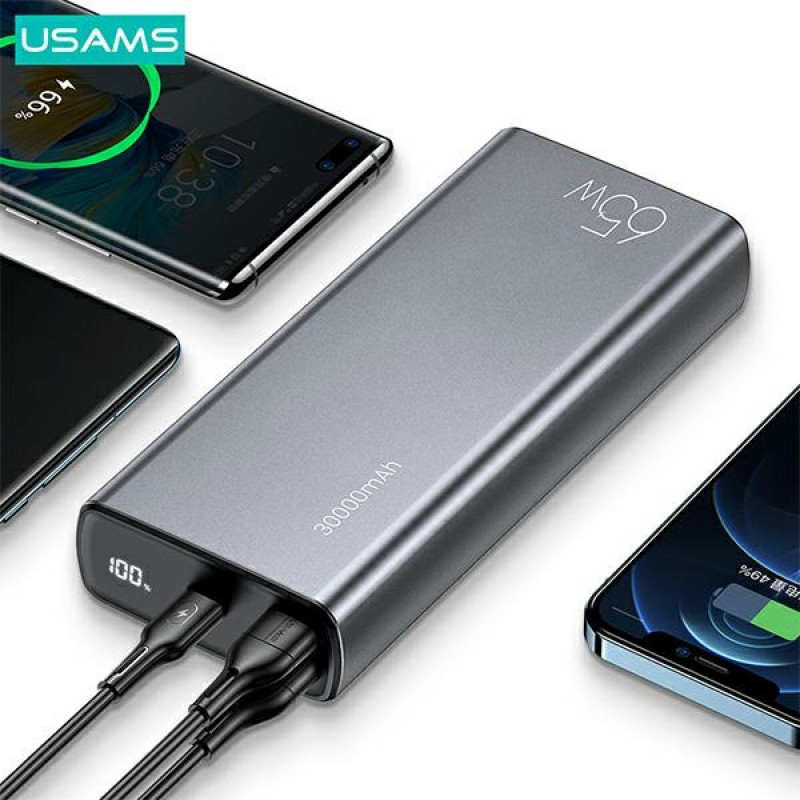 Power bank USAMS PB59 US-CD165 30000 mAh, 65 W, 2x QC3.0 + PD, preto, com cabo USB-C para USB-C
