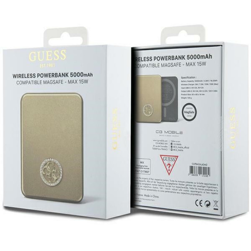 Powerbank de indução MagSafe Guess GUPBM5AL4DMD 4G Strassed Metal Logo 5000 mAh, 15W, dourado