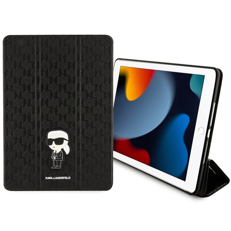 Capa tipo livro Karl Lagerfeld KLFC10SAKHPKK Saffiano Monogram Ikonik para Apple iPad 10.2 (7.ª, 8.ª, 9.ª geração), preta