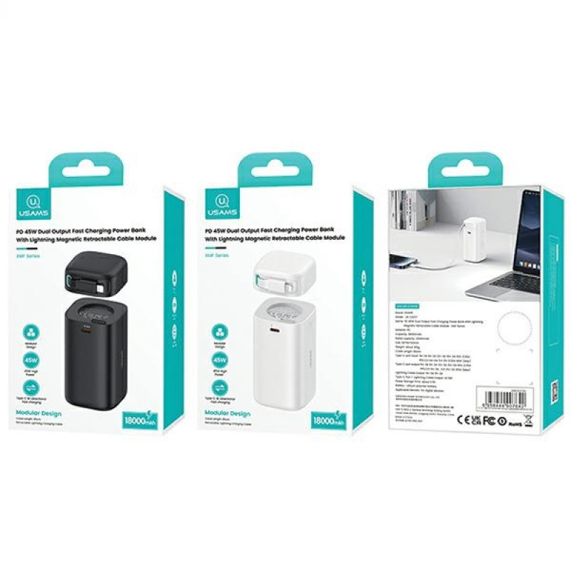USAMS US-CD217 XMF Series Powerbank 18000 mAh, carregamento rápido PD 45W, com cabo Lightning, branco