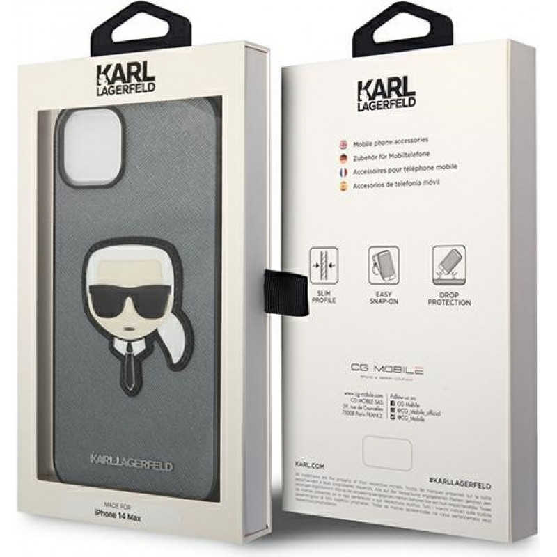 Karl Lagerfeld KLHCP14SSAPKHG Capa rígida para Apple iPhone 14, Saffiano Karl's Head Patch, prateada