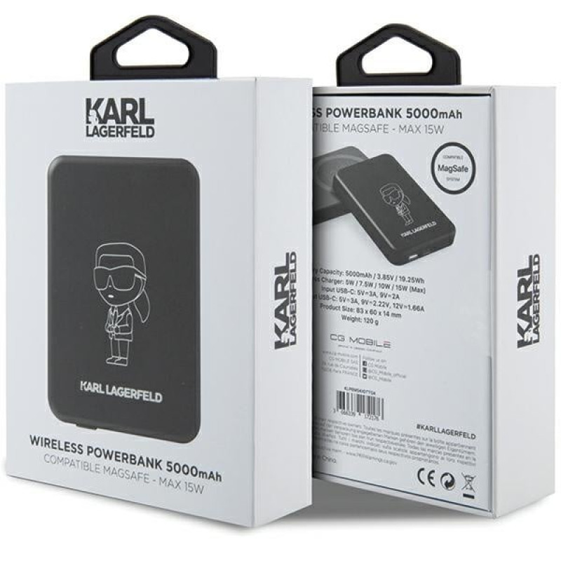 Karl Lagerfeld KLPBM5KIOTTGK Power bank de indução 5000 mAh 15W, Outline Ikonik, MagSafe, preto
