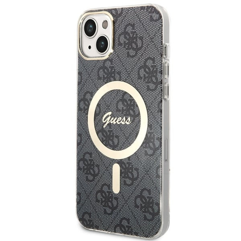 Guess GUBPP14SH4EACSK Capa rígida para Apple iPhone 14 + Carregador sem fios, 4G Print, MagSafe, preto
