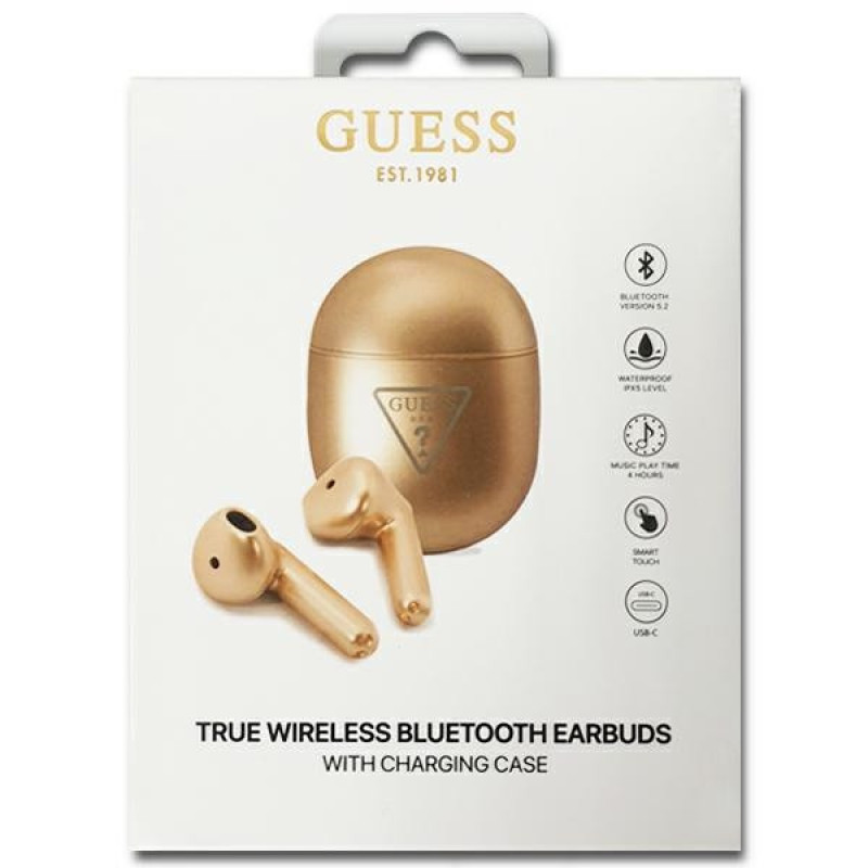 Auscultadores TWS in-ear sem fios Guess GUTWST82TRD com estação de acoplamento, Triangle Logo, Bluetooth 5.0, dourado