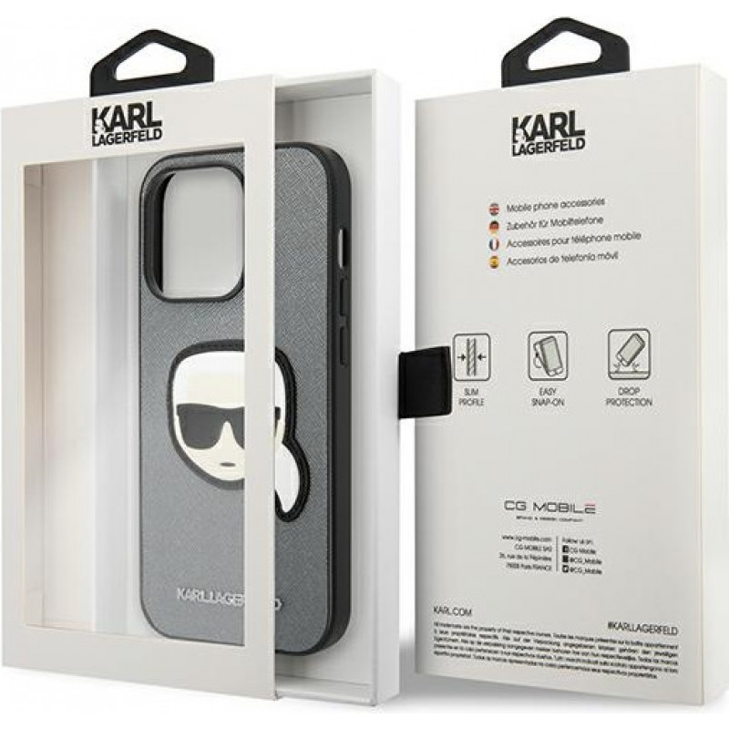 Karl Lagerfeld KLHCP14LSAPKHG Capa rígida para Apple iPhone 14 Pro, Saffiano Karl's Head Patch, prateada