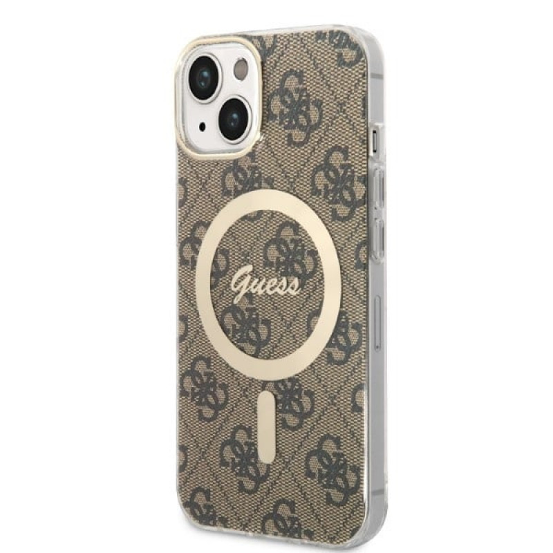 Guess GUBPP14MH4EACSW Capa + Carregador Sem Fios Apple iPhone 14 Plus / iPhone 15 Plus Castanha Hardcase, 4G Print, MagSafe