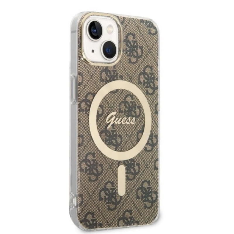 Guess GUBPP14MH4EACSW Capa + Carregador Sem Fios Apple iPhone 14 Plus / iPhone 15 Plus Castanha Hardcase, 4G Print, MagSafe