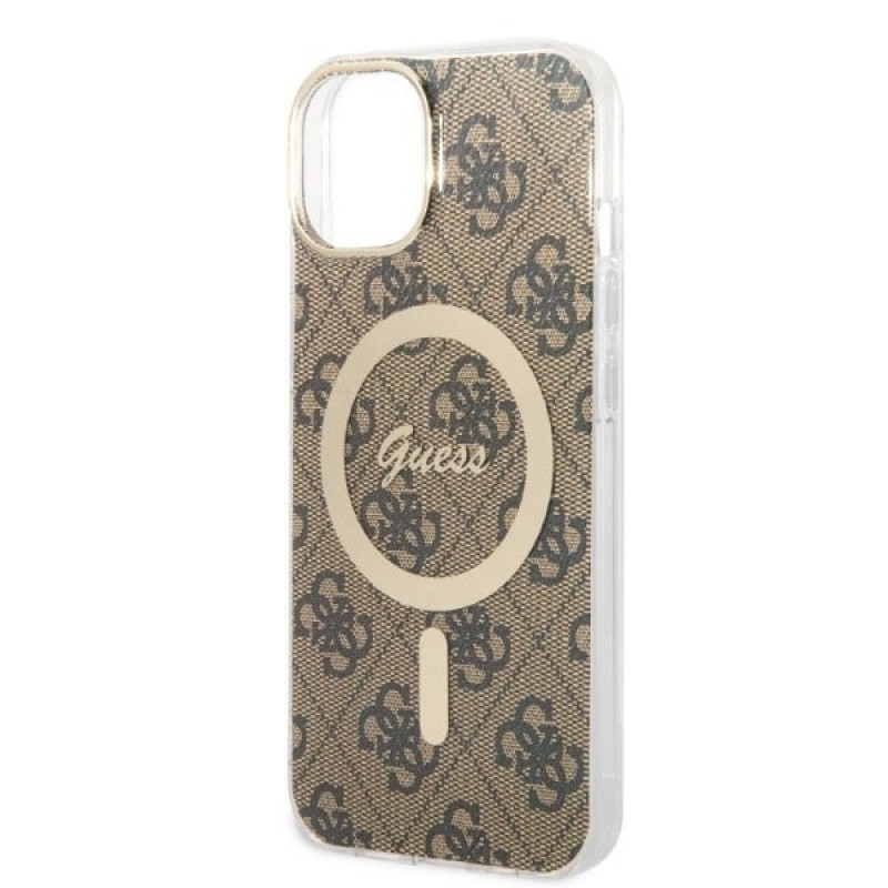 Guess GUBPP14MH4EACSW Capa + Carregador Sem Fios Apple iPhone 14 Plus / iPhone 15 Plus Castanha Hardcase, 4G Print, MagSafe