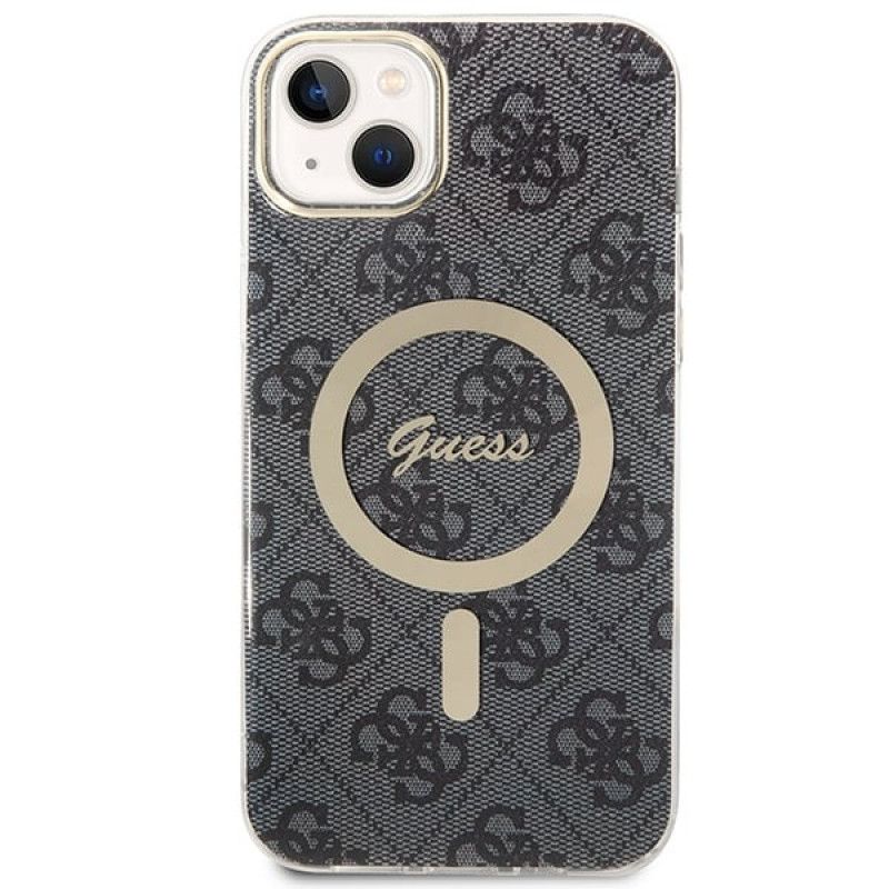 Guess GUBPP14MH4EACSK Capa + Carregador Sem Fios Apple iPhone 14 Plus / iPhone 15 Plus Preta Hardcase, 4G Print, MagSafe