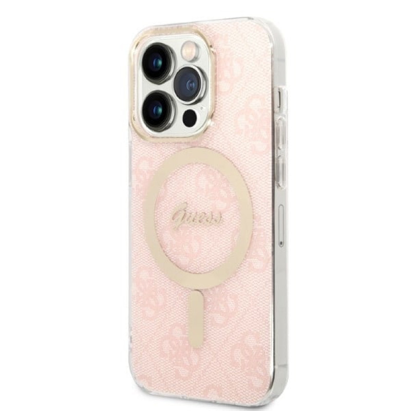 Guess GUBPP14LH4EACSP Capa + Carregador Sem Fios Apple iPhone 14 Pro Rosa Hardcase, 4G Print, MagSafe