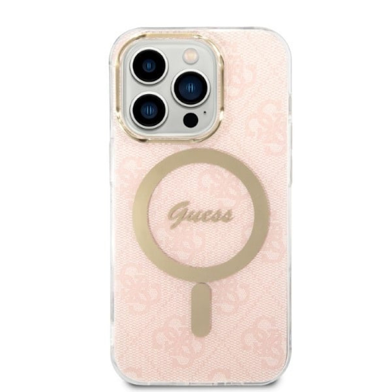 Guess GUBPP14LH4EACSP Capa + Carregador Sem Fios Apple iPhone 14 Pro Rosa Hardcase, 4G Print, MagSafe