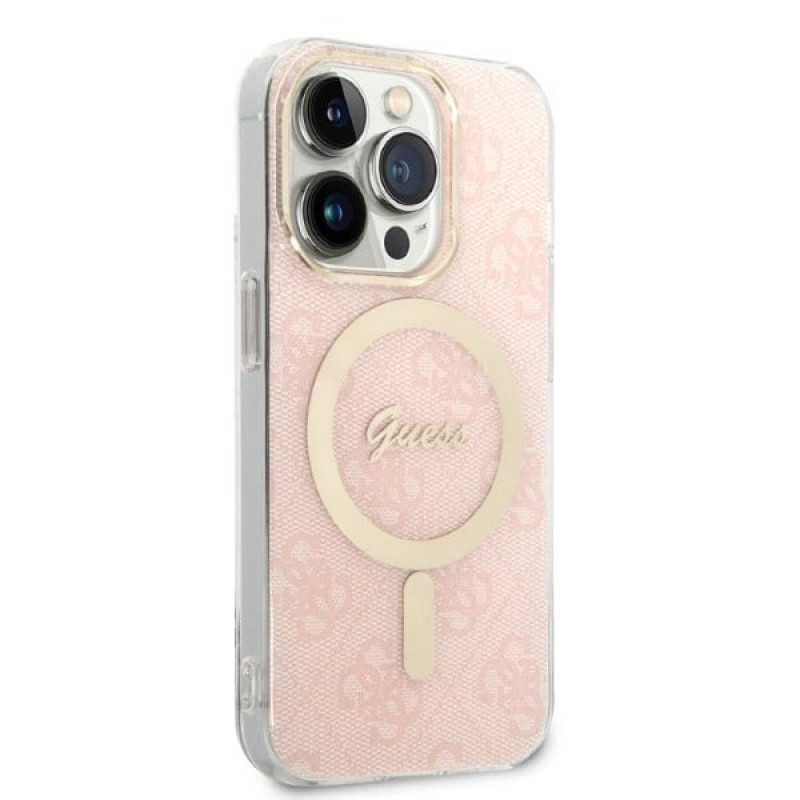Guess GUBPP14LH4EACSP Capa + Carregador Sem Fios Apple iPhone 14 Pro Rosa Hardcase, 4G Print, MagSafe