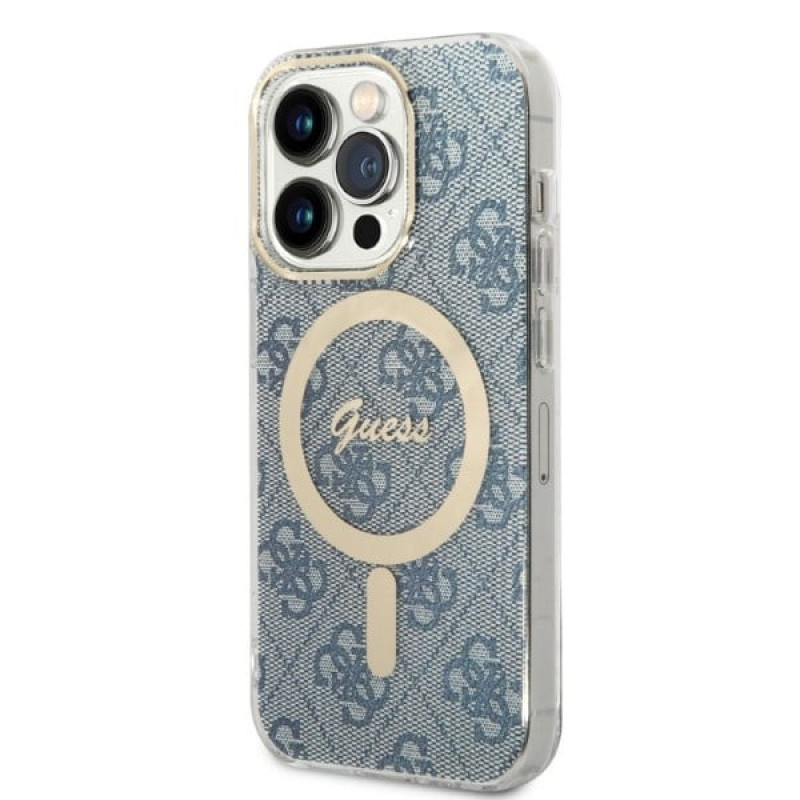 Guess GUBPP14LH4EACSB Capa + Carregador Sem Fios Apple iPhone 14 Pro Azul Hardcase, 4G Print, MagSafe