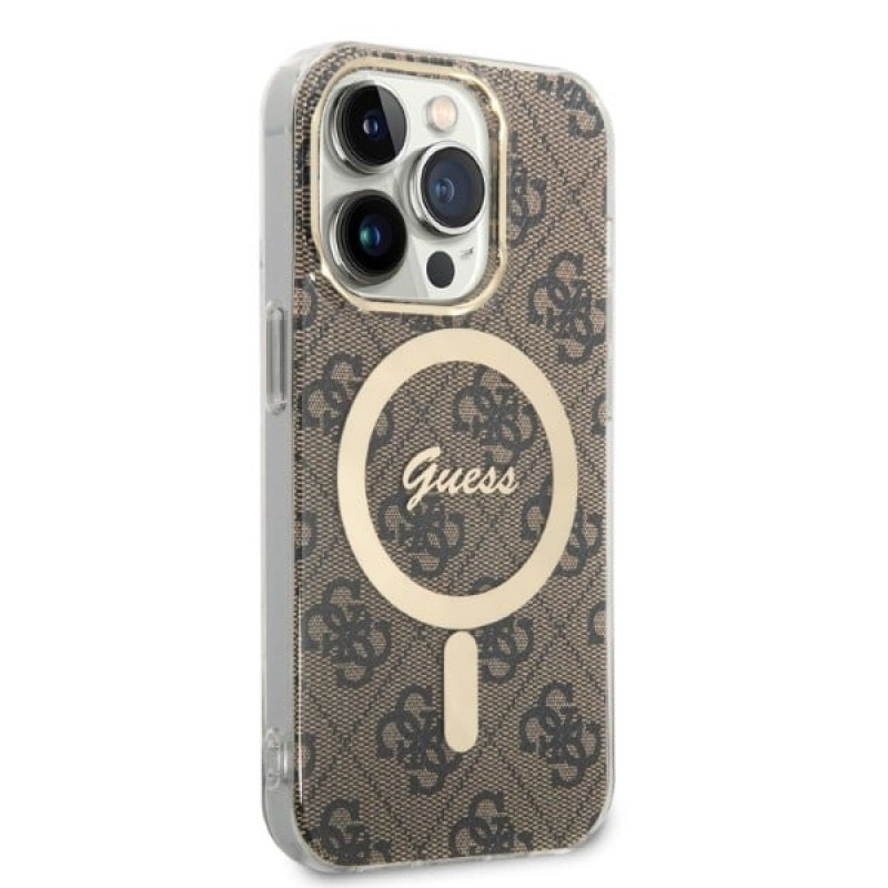 Guess GUBPP14LH4EACSW Capa + Carregador Sem Fios Apple iPhone 14 Pro Castanho Hardcase, 4G Print, MagSafe