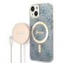 Guess GUBPP14MH4EACSB Capa + Carregador Sem Fios Apple iPhone 14 Plus / iPhone 15 Plus Azul Hardcase, 4G Print, MagSafe