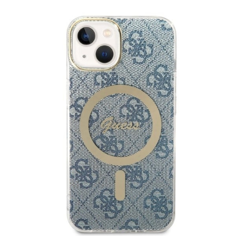 Guess GUBPP14MH4EACSB Capa + Carregador Sem Fios Apple iPhone 14 Plus / iPhone 15 Plus Azul Hardcase, 4G Print, MagSafe