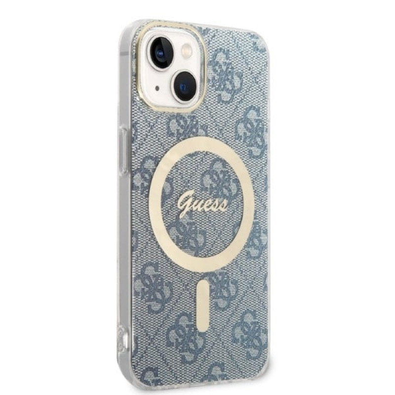 Guess GUBPP14MH4EACSB Capa + Carregador Sem Fios Apple iPhone 14 Plus / iPhone 15 Plus Azul Hardcase, 4G Print, MagSafe
