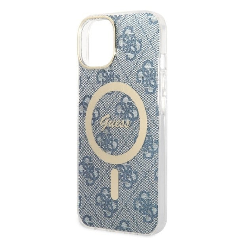 Guess GUBPP14MH4EACSB Capa + Carregador Sem Fios Apple iPhone 14 Plus / iPhone 15 Plus Azul Hardcase, 4G Print, MagSafe