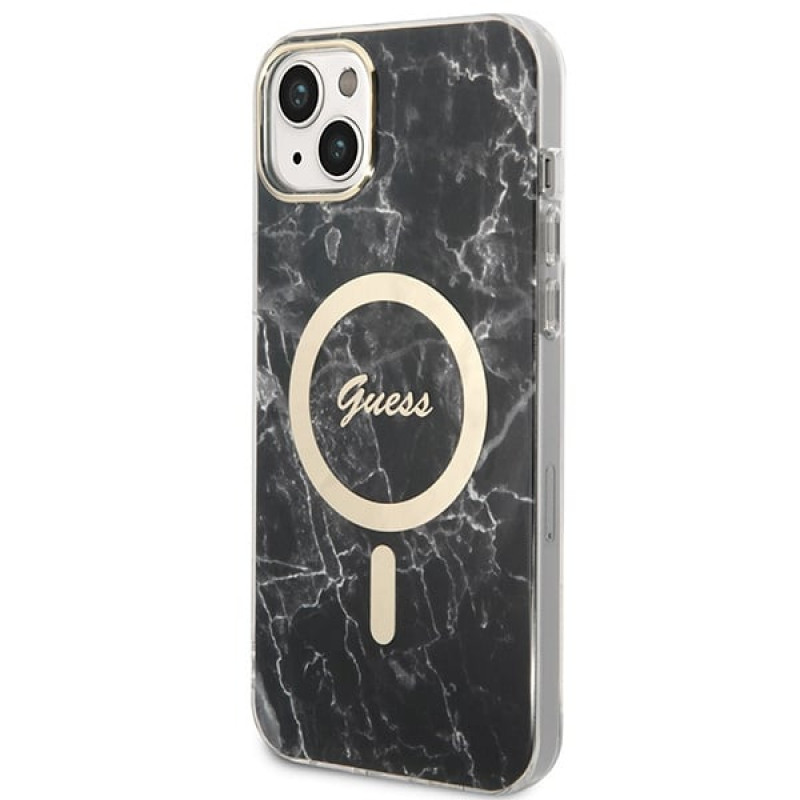 Guess GUBPP14MHMEACSK Capa + Carregador sem fios Apple iPhone 14 Plus / iPhone 15 Plus preta Hardcase, Marble, MagSafe