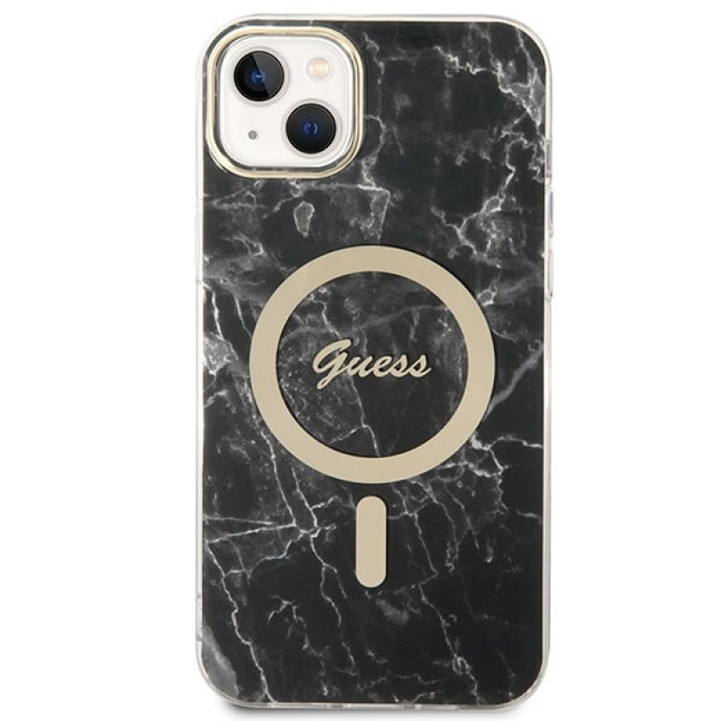 Guess GUBPP14MHMEACSK Capa + Carregador sem fios Apple iPhone 14 Plus / iPhone 15 Plus preta Hardcase, Marble, MagSafe