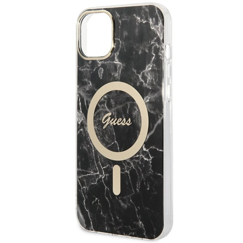 Guess GUBPP14MHMEACSK Capa + Carregador sem fios Apple iPhone 14 Plus / iPhone 15 Plus preta Hardcase, Marble, MagSafe
