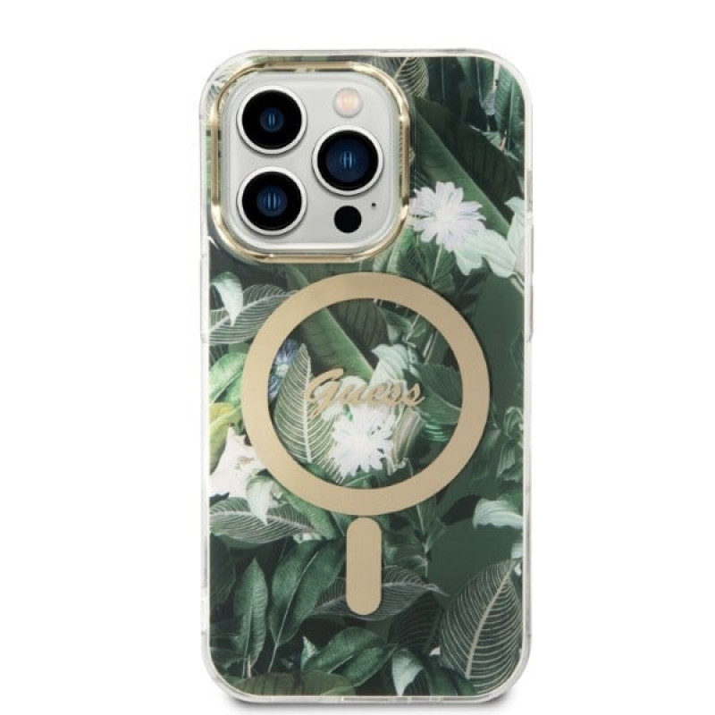 Guess GUBPP14LHJEACSA Capa + Carregador sem fios Apple iPhone 14 Pro verde hardcase, Jungle, MagSafe