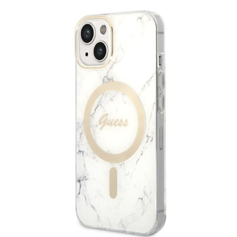 Guess GUBPP14MHMEACSH Capa + Carregador Sem Fios Apple iPhone 14 Plus / iPhone 15 Plus Branca Hardcase, Marble, MagSafe