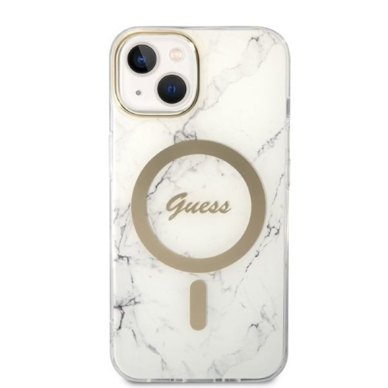 Guess GUBPP14MHMEACSH Capa + Carregador Sem Fios Apple iPhone 14 Plus / iPhone 15 Plus Branca Hardcase, Marble, MagSafe