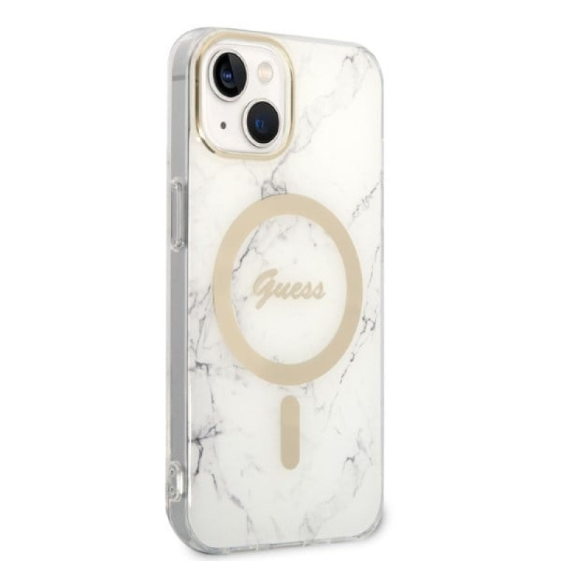 Guess GUBPP14MHMEACSH Capa + Carregador Sem Fios Apple iPhone 14 Plus / iPhone 15 Plus Branca Hardcase, Marble, MagSafe