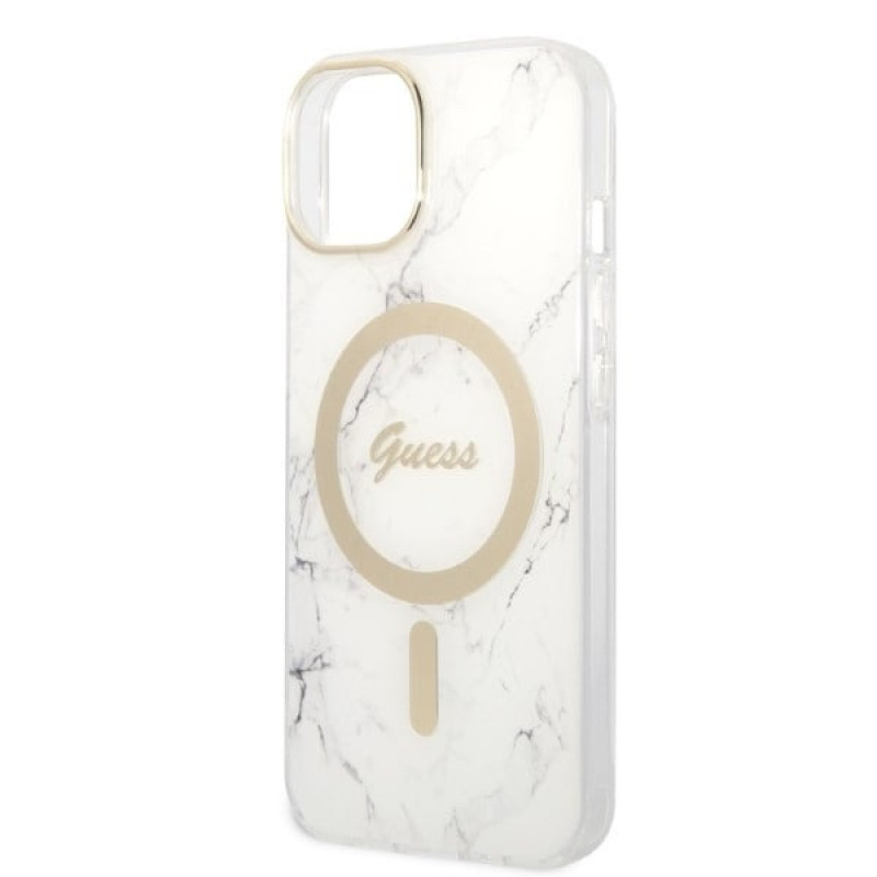 Guess GUBPP14MHMEACSH Capa + Carregador Sem Fios Apple iPhone 14 Plus / iPhone 15 Plus Branca Hardcase, Marble, MagSafe