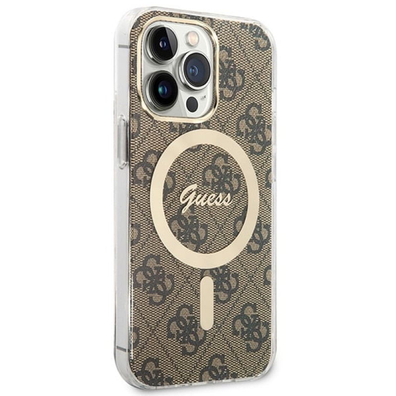 Guess GUBPP13LH4EACSW Capa + Carregador Sem Fios Apple iPhone 13 Pro Castanho Hardcase, 4G Print, MagSafe