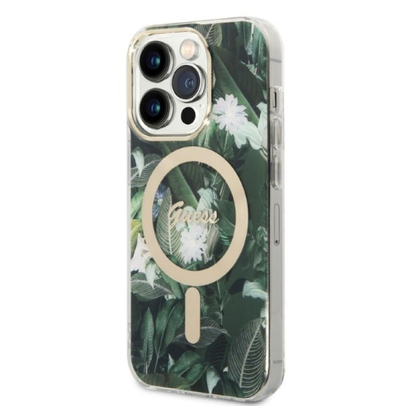 Guess GUBPP14XHJEACSA Capa + Carregador sem fios para Apple iPhone 14 Pro Max, Jungle, capa rígida verde, MagSafe