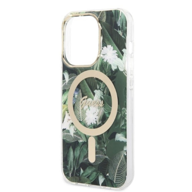 Guess GUBPP14XHJEACSA Capa + Carregador sem fios para Apple iPhone 14 Pro Max, Jungle, capa rígida verde, MagSafe