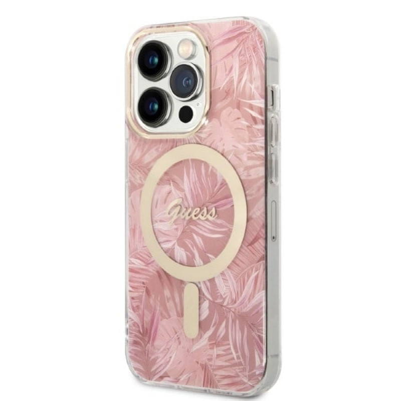 Guess GUBPP14LHJEACSP Capa + Carregador sem fios para Apple iPhone 14 Pro, Jungle, capa rígida rosa, MagSafe