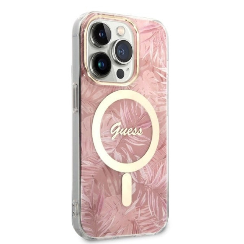 Guess GUBPP14LHJEACSP Capa + Carregador sem fios para Apple iPhone 14 Pro, Jungle, capa rígida rosa, MagSafe