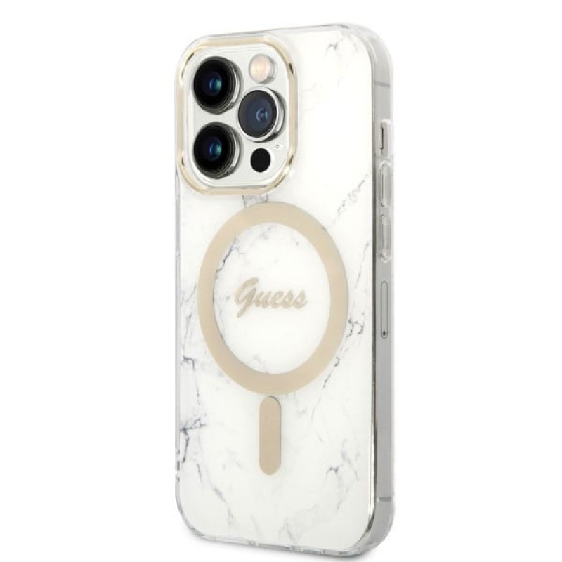 Guess GUBPP14LHMEACSH Capa + Carregador sem fios Apple iPhone 14 Pro branca Hardcase, Marble, MagSafe