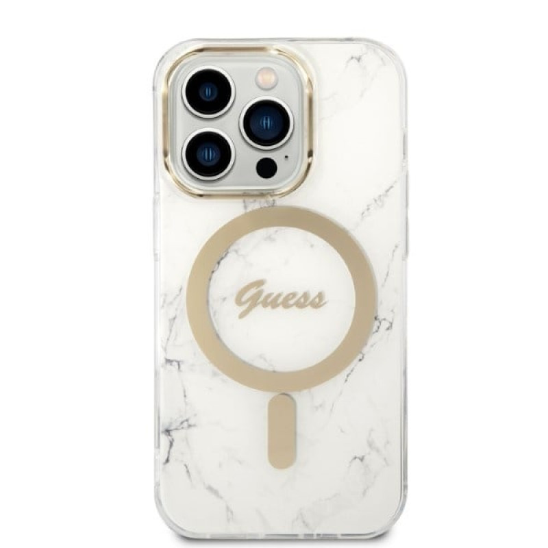 Guess GUBPP14LHMEACSH Capa + Carregador sem fios Apple iPhone 14 Pro branca Hardcase, Marble, MagSafe