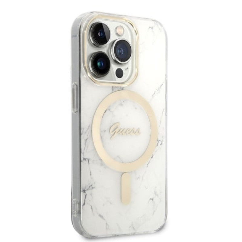 Guess GUBPP14LHMEACSH Capa + Carregador sem fios Apple iPhone 14 Pro branca Hardcase, Marble, MagSafe