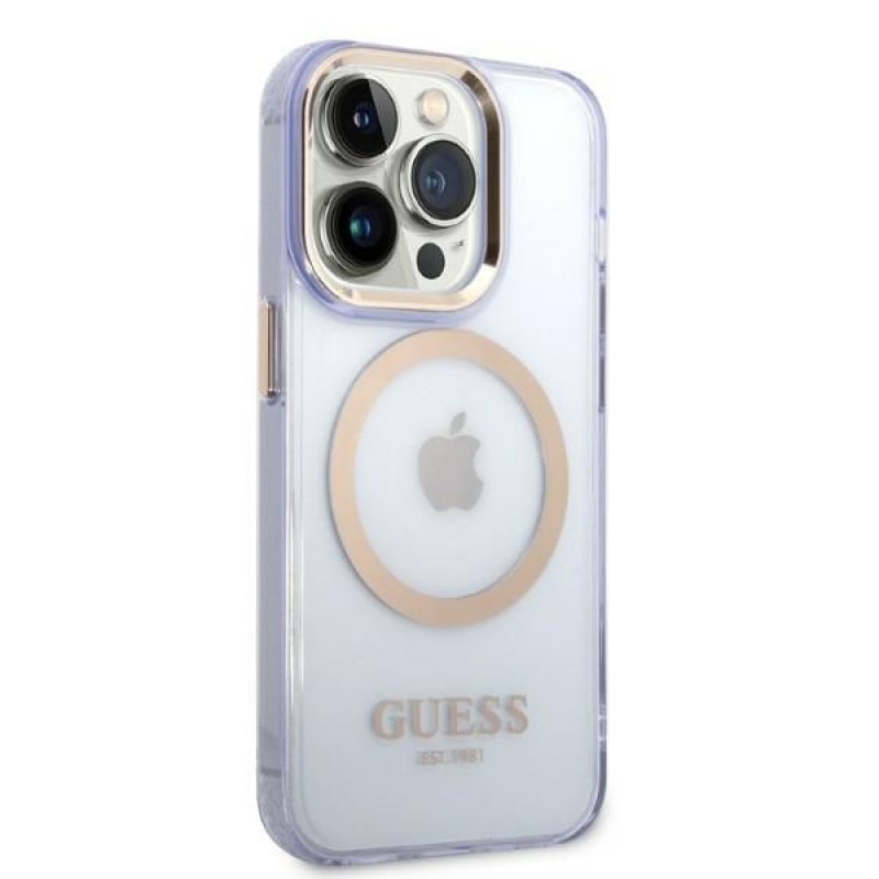 Capa rígida roxa Guess GUHMP14XHTCMU Apple iPhone 14 Pro Max, Gold Outline Translucent, MagSafe
