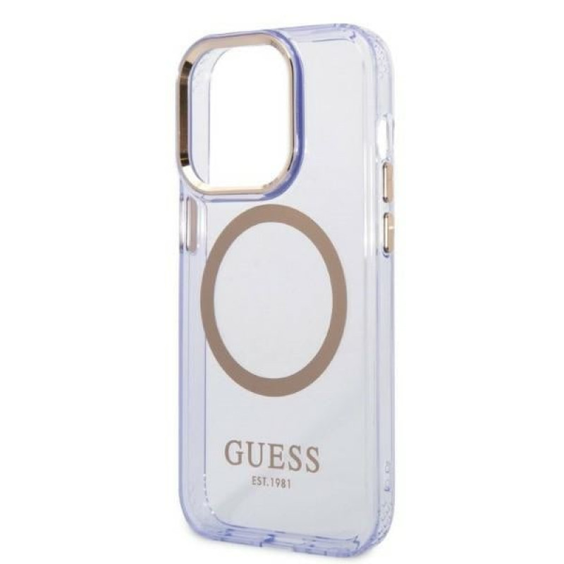 Capa rígida roxa Guess GUHMP14XHTCMU Apple iPhone 14 Pro Max, Gold Outline Translucent, MagSafe