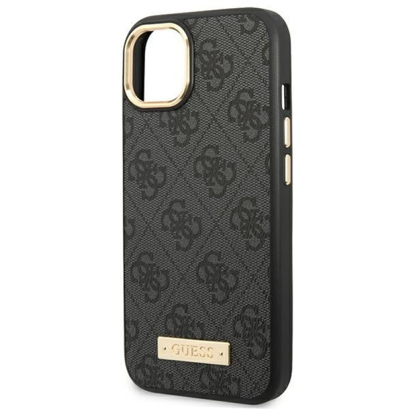 Guess GUHMP14MU4GPRK Capa rígida preta Guess para Apple iPhone 14 Plus / 15 Plus, 4G Logo Plate, MagSafe