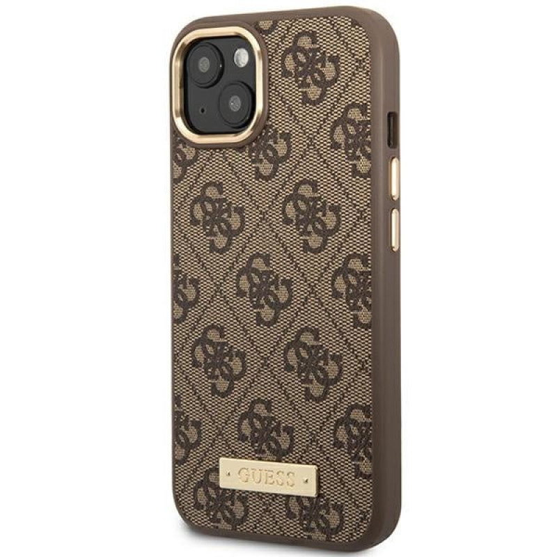 Guess GUHMP14MU4GPRW capa rígida castanha para Apple iPhone 14 Plus / 15 Plus, 4G Logo Plate, MagSafe