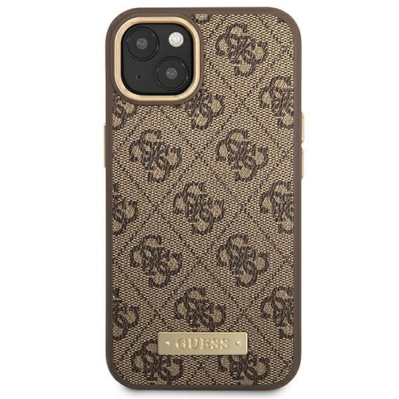 Guess GUHMP14MU4GPRW capa rígida castanha para Apple iPhone 14 Plus / 15 Plus, 4G Logo Plate, MagSafe