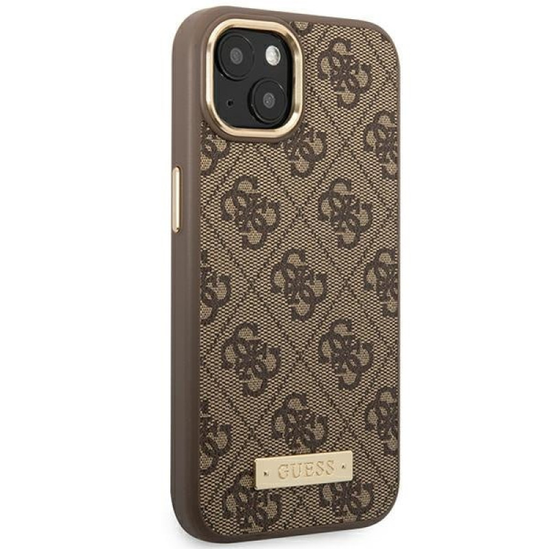 Guess GUHMP14MU4GPRW capa rígida castanha para Apple iPhone 14 Plus / 15 Plus, 4G Logo Plate, MagSafe