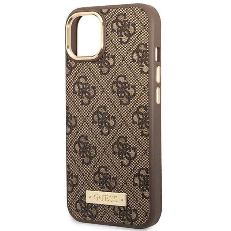 Guess GUHMP14MU4GPRW capa rígida castanha para Apple iPhone 14 Plus / 15 Plus, 4G Logo Plate, MagSafe