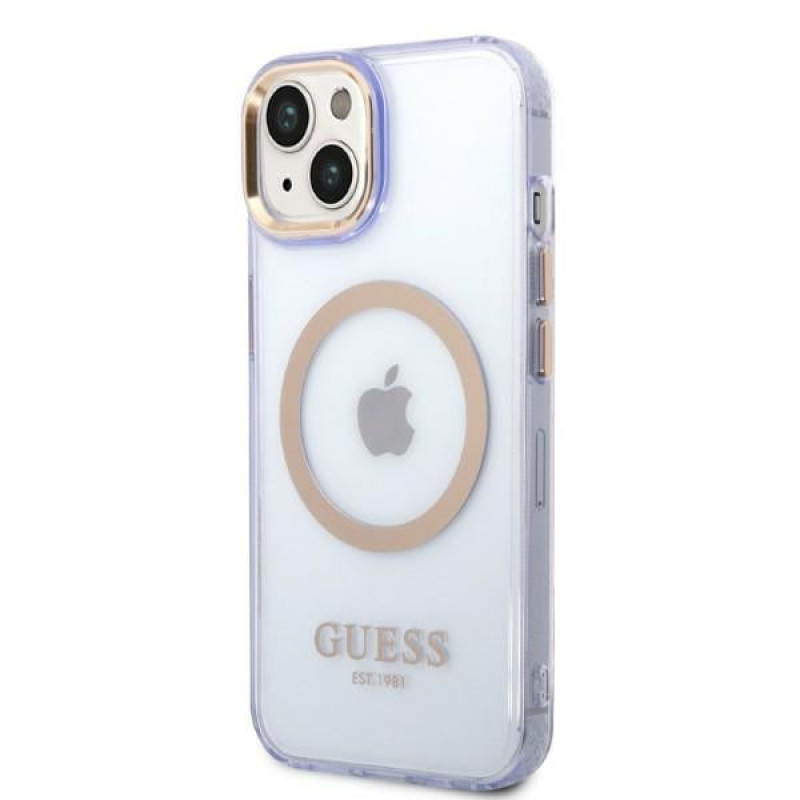 Capa rígida roxa Guess GUHMP14SHTCMU para Apple iPhone 14, Gold Outline Translucent, MagSafe