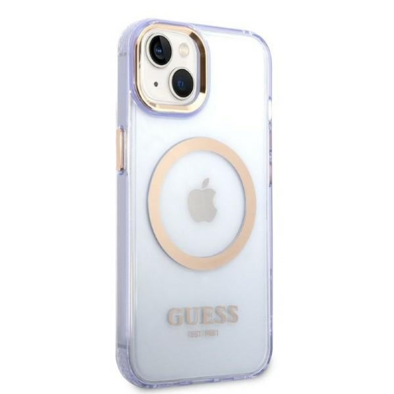 Capa rígida roxa Guess GUHMP14SHTCMU para Apple iPhone 14, Gold Outline Translucent, MagSafe
